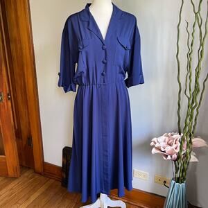 Impressions 80s Vintage Shirt Dress Button Front Pockets Size 8 Navy Blue A Line